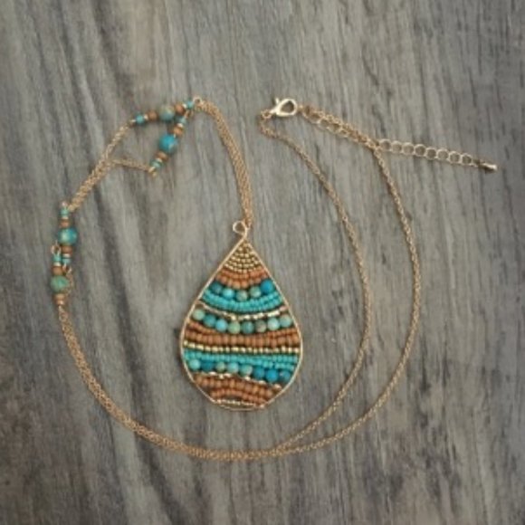 Long Gold Colored Boho Beaded Teardrop Necklace - Picture 4 of 4